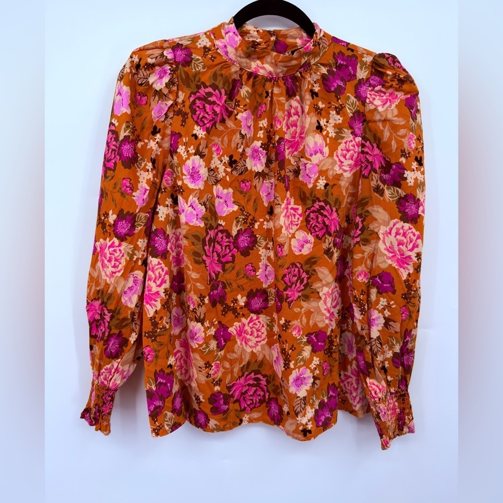 Who What Wear Floral Mock Neck Blouse Rust Pink Size S